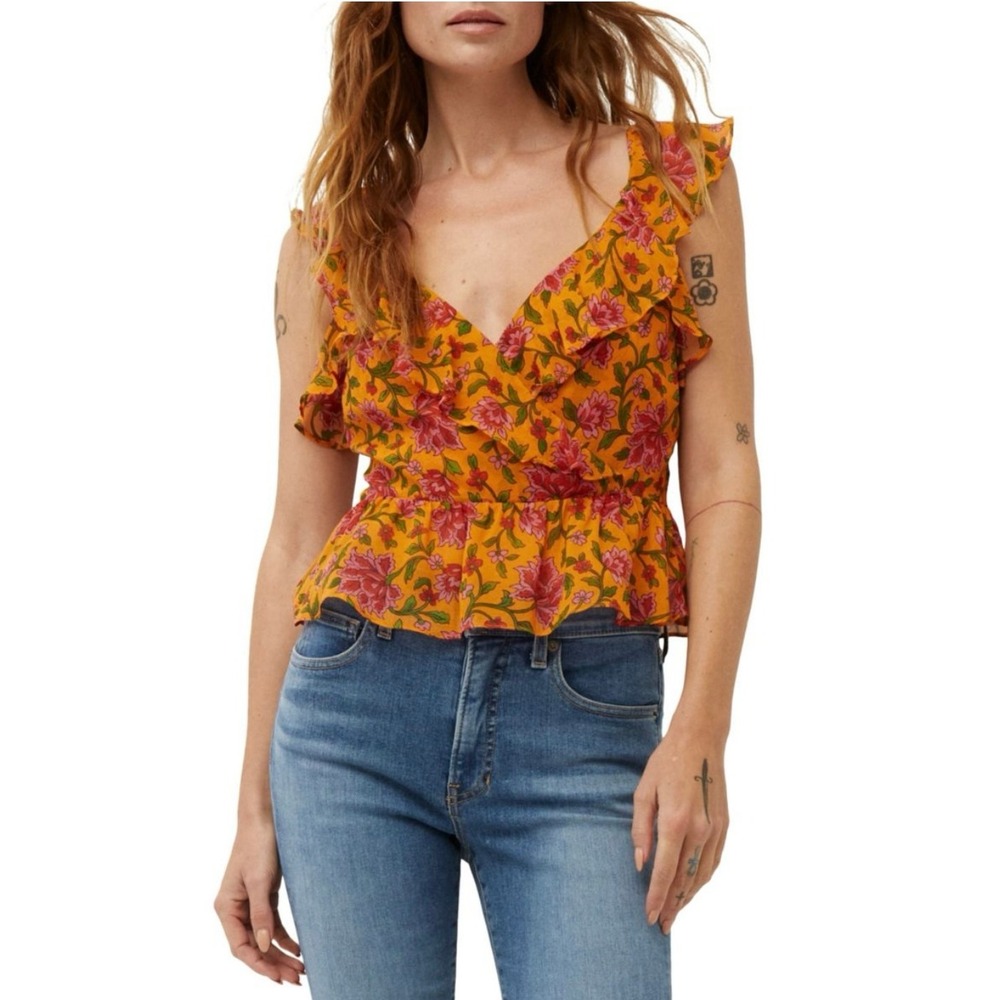 VERONICA BEARD Randa Floral Silk Top Womens 2 Hot Orange Tank Blouse Ruffle